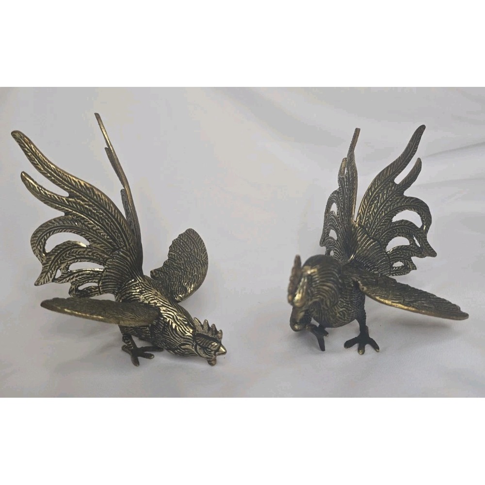 Pair Of Vintage Mid-Century Modern Cast Brass Fighting Rooster Figurine Italy